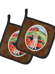 Tabby Cat in Pumpins  Pair of Pot Holders