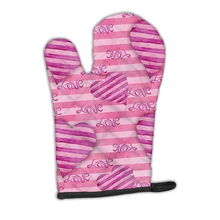Watercolor Hot Pink Striped Hearts Oven Mitt