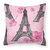 Watercolor Pink Flowers and Eiffel Tower Fabric Decorative Pillow