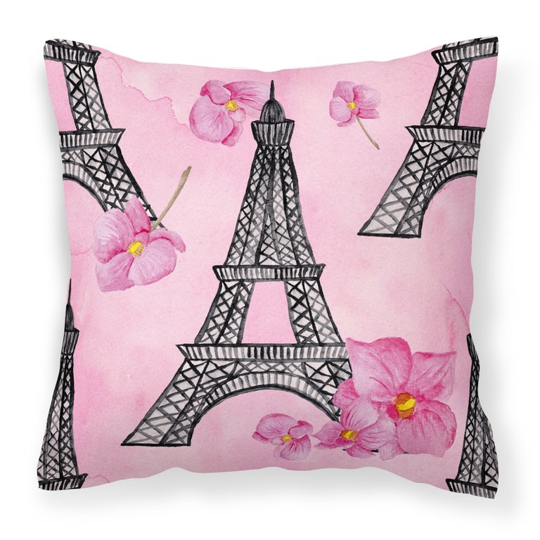 Watercolor Pink Flowers and Eiffel Tower Fabric Decorative Pillow