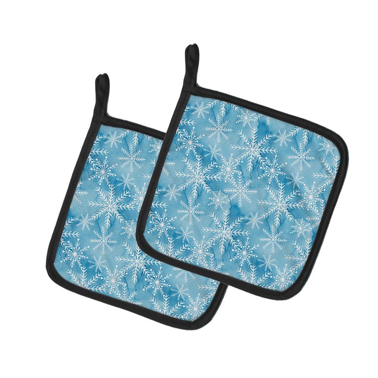 Watercolor Snowflake on Blue Pair of Pot Holders