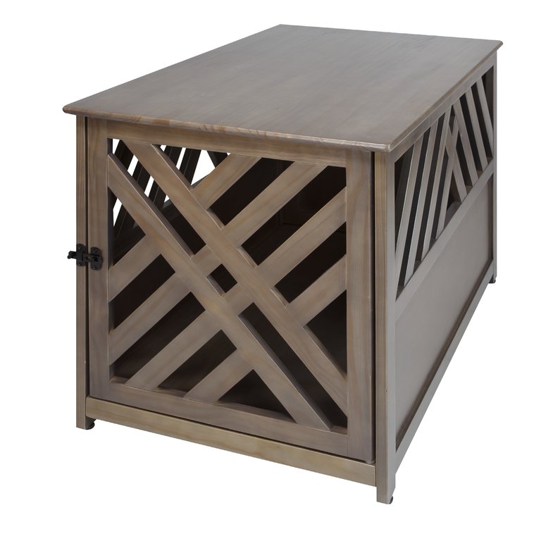 Modern Lattice Wooden Pet Crate End Table - Taupe Gray