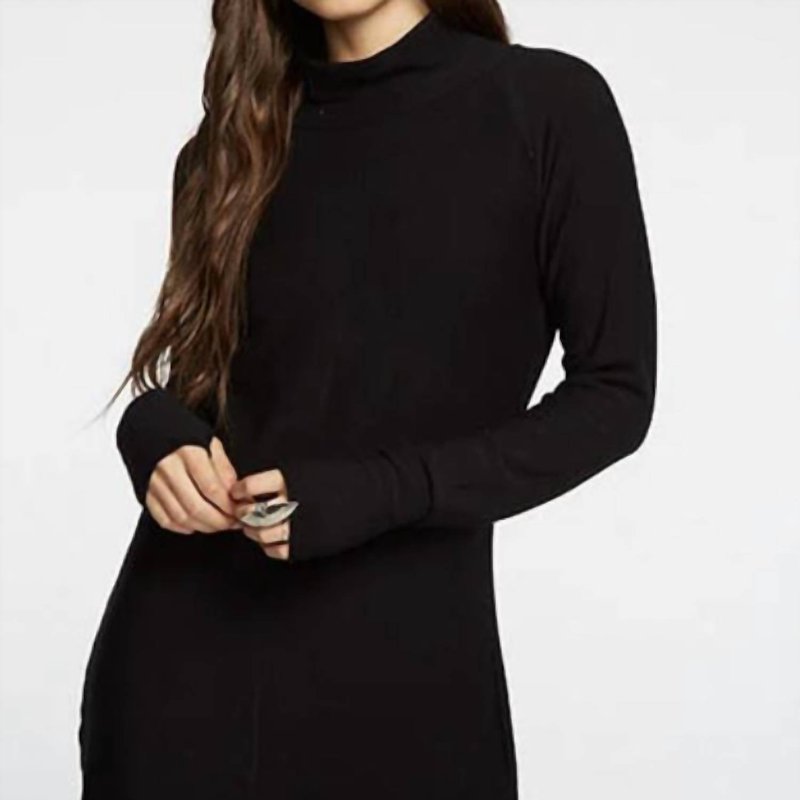Shop Chaser Cozy Knit Long Sleeves Raglan Turtleneck Shirttail Mini Dress In Black