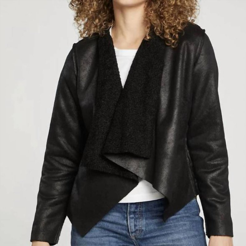 Shop Chaser Faux Suede Shearling Reversible Long Sleeves Waterfall Neck Jacket In Black