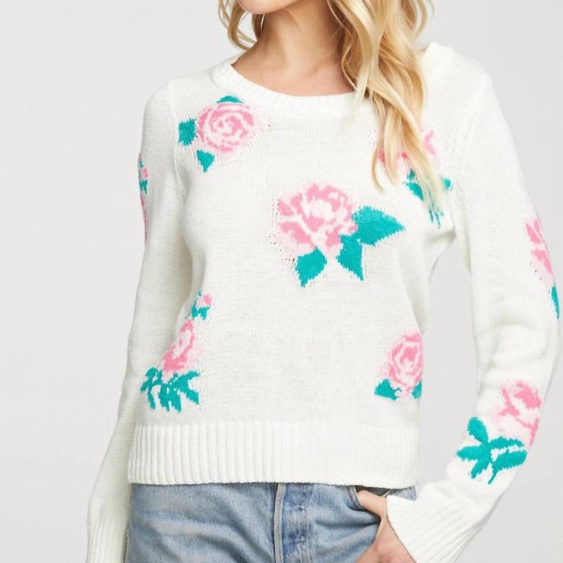 Shop Chaser Floral Cotton Blend Long Sleeve Crew Neck Sweater In White