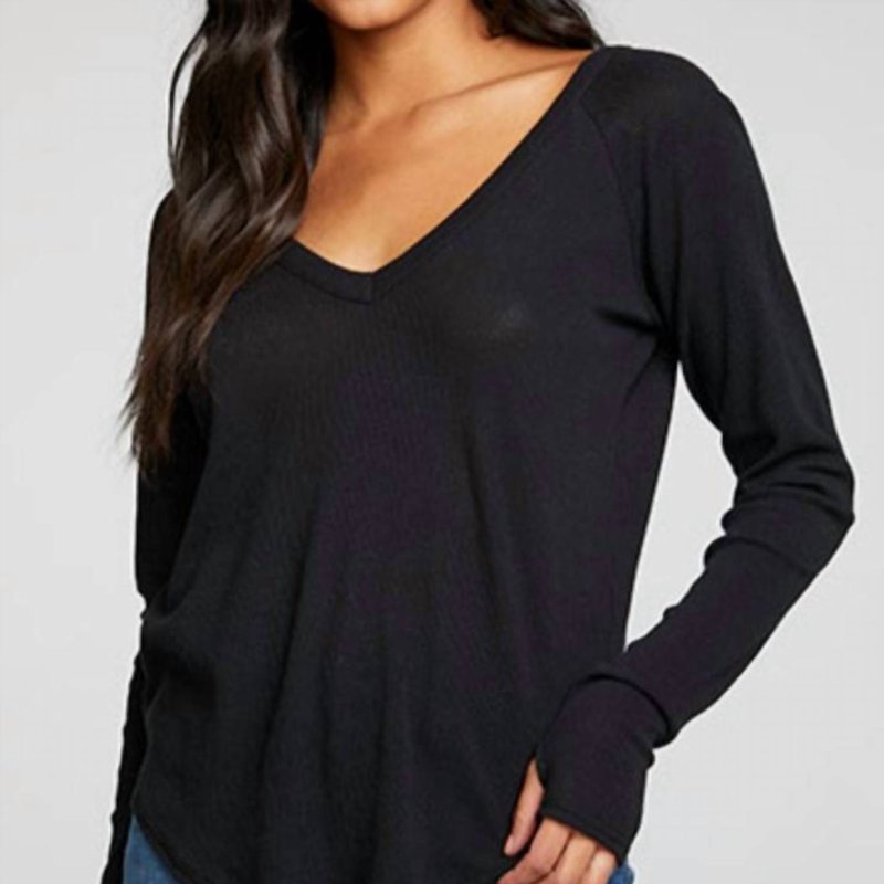 Chaser Heritage Waffle Long Sleeve Double V Neck Shirttail Tee In Black