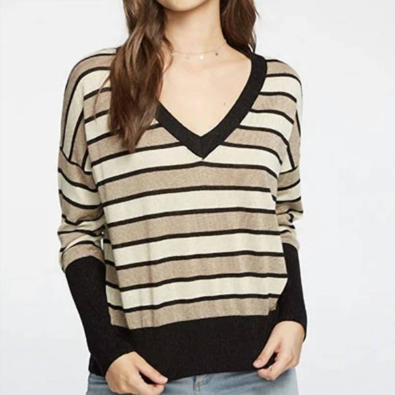 Chaser Long Sleeve Striped V-neck Sweater In Black