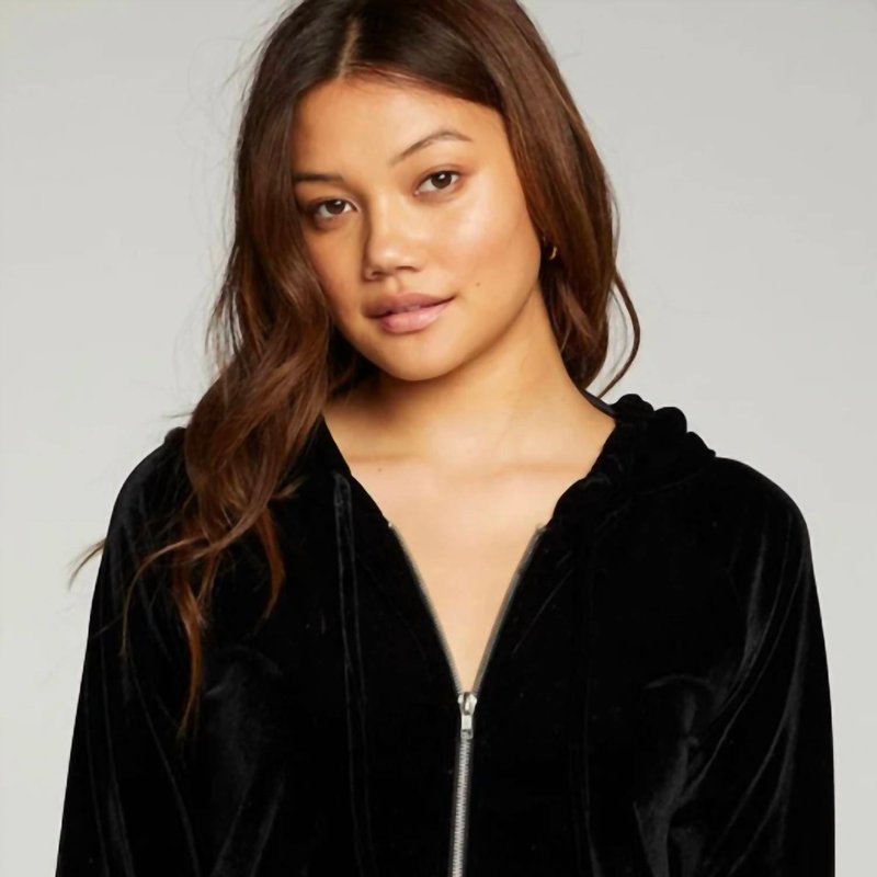 Shop Chaser Velvet Long Sleeve Zip Up Hoodie In Black