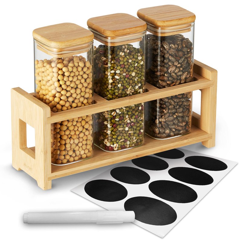Cheer Collection Glass Mini Storage Jars With Bamboo Lids And Display Stand