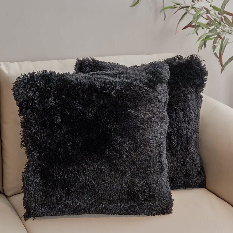 Cheer Collection Set Of 2 Shaggy Long Hair Throw Pillows In Black