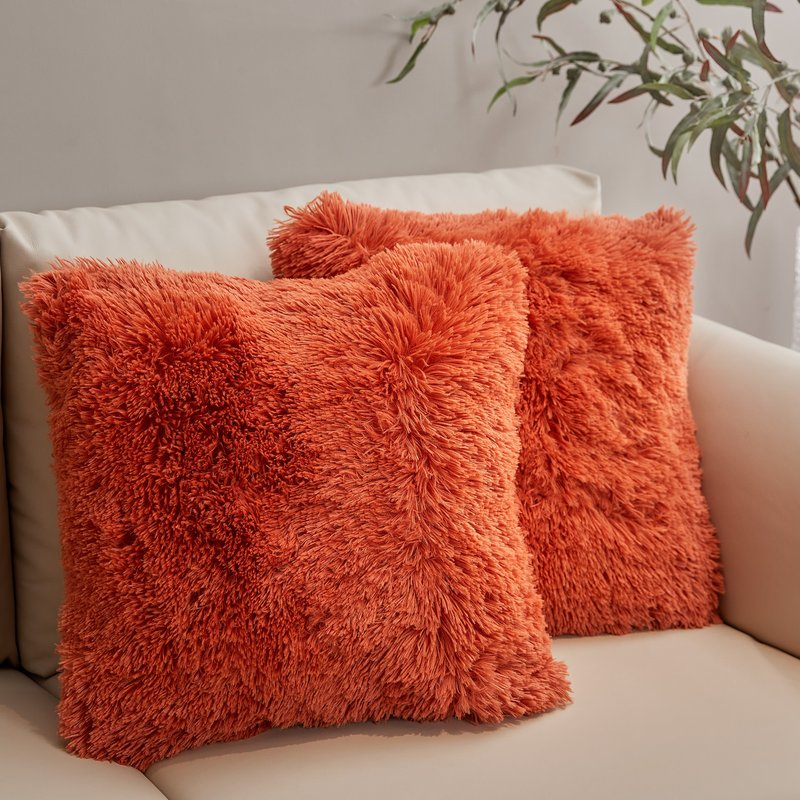 Cheer Collection Set Of 2 Shaggy Long Hair Throw Pillows In Orange