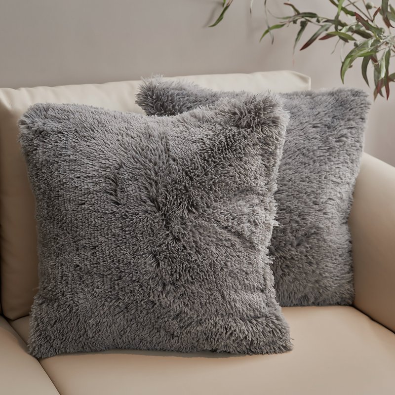 Cheer Collection Set Of 2 Shaggy Long Hair Throw Pillows In Grey