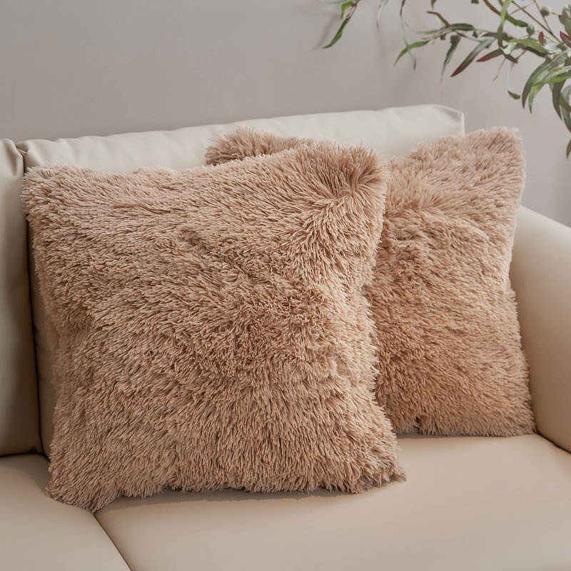 Cheer Collection Set Of 2 Shaggy Long Hair Throw Pillows In Brown