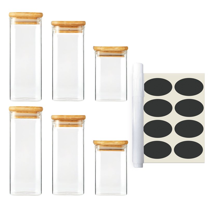 Cheer Collection Square Food Storage Glass Jars With Bamboo Covers, Set Of 6