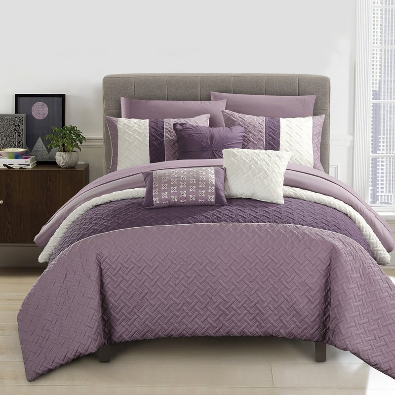 Chic Home Design Arza 10 Piece Comforter Set Color Block Quilted Embroidered Design Bed In A Bag Bedding In Purple