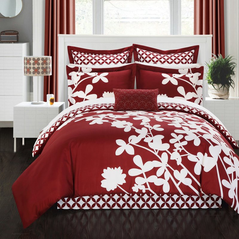 Chic Home Design Ayesha 7-piece Comforter Set Bed Skirt, Four Shams And Decorative Pillow Included In Red