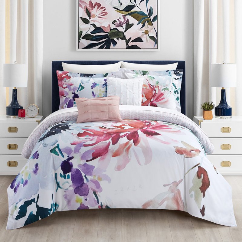 Chic Home Design Butchart Gardens 5 Piece Reversible Comforter Set Floral Watercolor Design Bedding In White