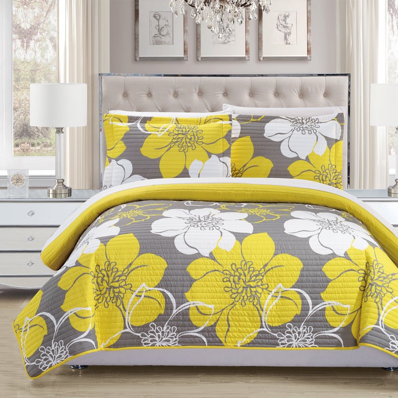 Chic Home Design Chase 2 Piece Quilt Set Abstract Large Scale Printed Floral In Yellow