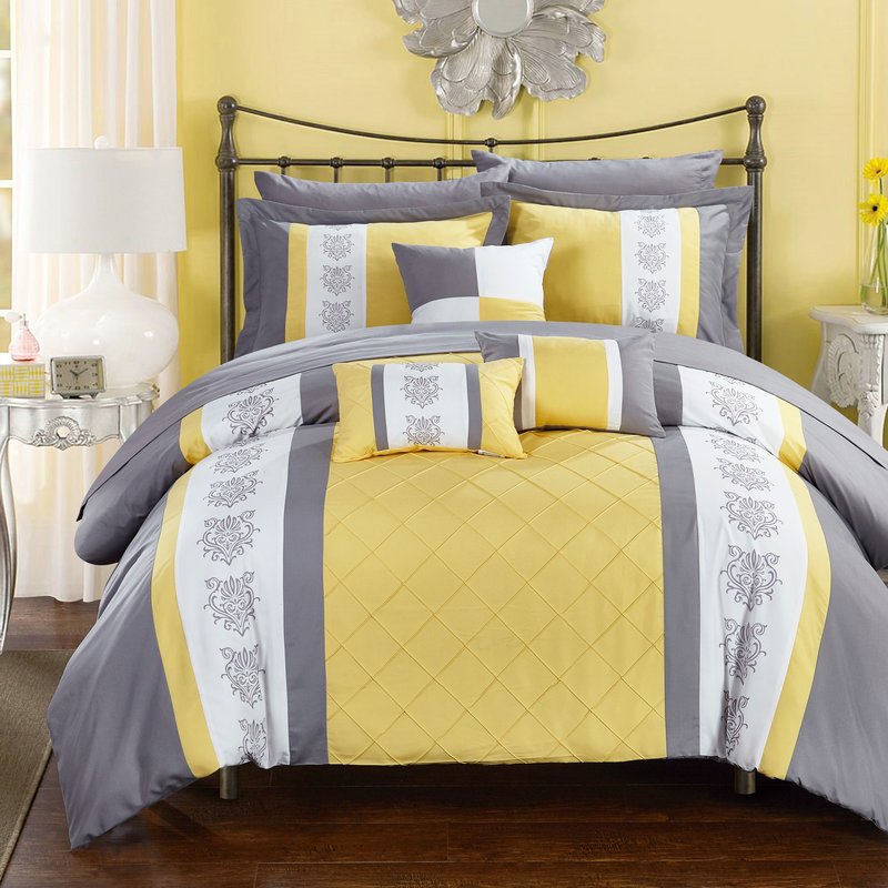 Chic Home Design Dalton 10 Piece Comforter Set Pintuck Pieced Block Embroidery Bed In A Bag With Sheet Set In Yellow