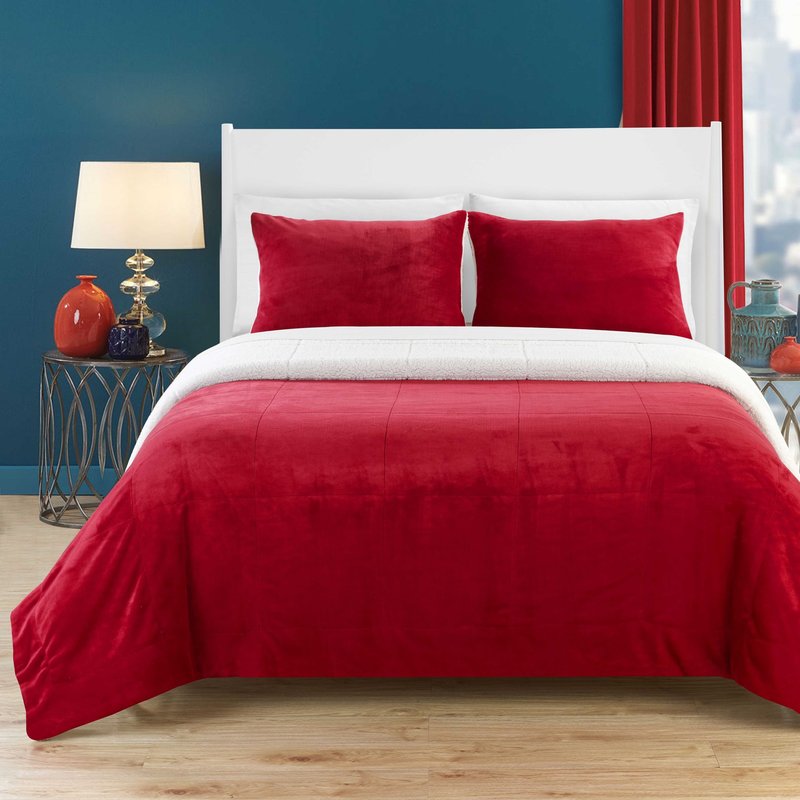 Chic Home Design Ernest 7-piece Plush Microsuede Sherpa Blanket, Sheet Set In Red