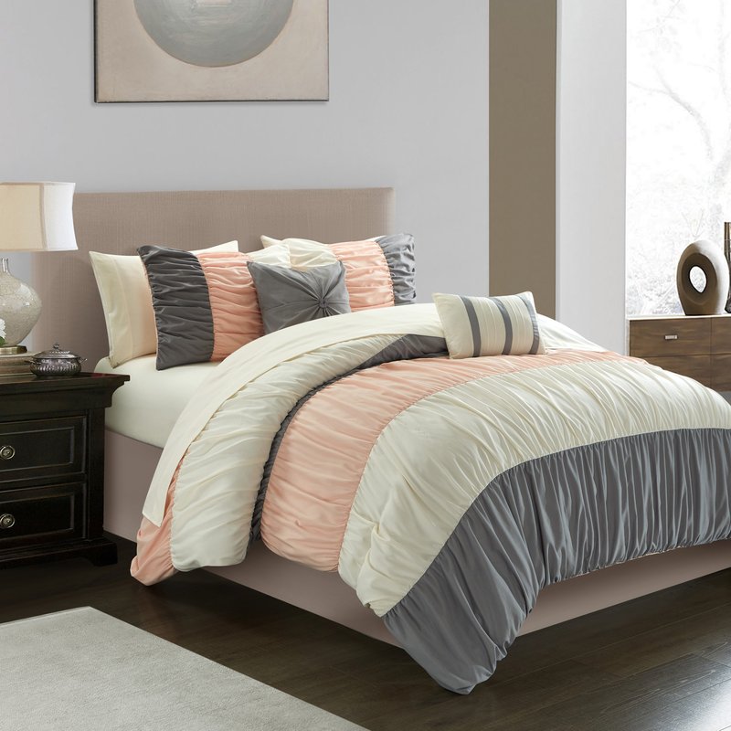 Shop Chic Home Design Fay 9 Piece Comforter Set Ruched Color Block Design Bed In A Bag In Pink