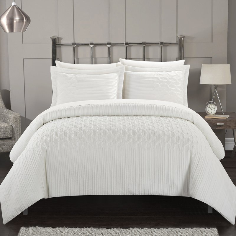 Chic Home Design Jas 7 Piece Comforter Set Embossed Embroidered Quilted Geometric Vine Pattern Bed In A Bag In White