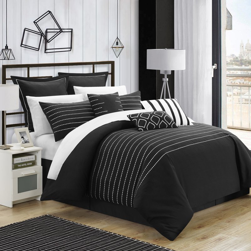 Chic Home Design Karlston 9 Piece Comforter Elegant Stitched Embroidered Design Complete Bedding Set In Black