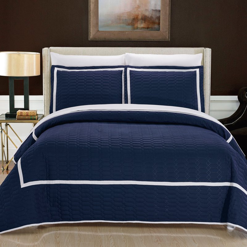 Chic Home Design Marla 2 Piece Quilt Cover Set Hotel Collection Two Tone Banded Geometric Embroidered Quilted Bedding In Blue