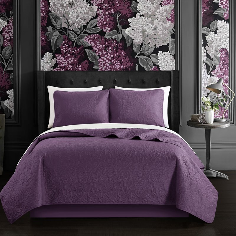 Chic Home Design Sachi 5 Piece Quilt Set Floral Scroll Pattern Design Bed In A Bag In Purple