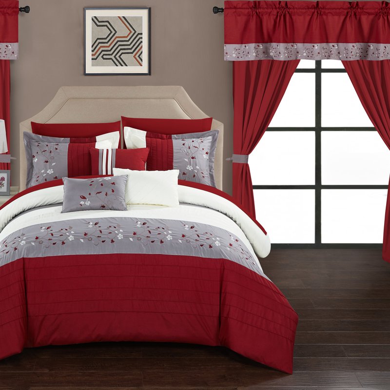 Chic Home Design Sonjae 20 Piece Comforter Set Color Block Floral Embroidered Bed In A Bag Bedding In Red