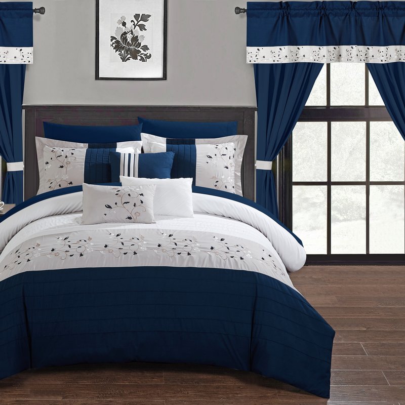 Chic Home Design Sonjae 20 Piece Comforter Set Color Block Floral Embroidered Bed In A Bag Bedding In Blue