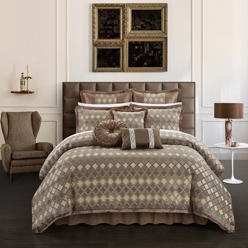 Shop Chic Home Design Sue 9 Piece Comforter Set Chenille Geometric Scroll Pattern Flange Border Bedding In Brown