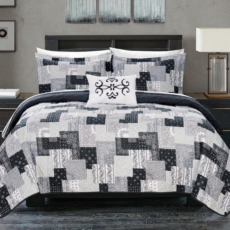 Chic Home Design Viona 6 Piece Reversible Quilt Coverlet Set Embossed Patchwork Bohemian Paisley Print In Black