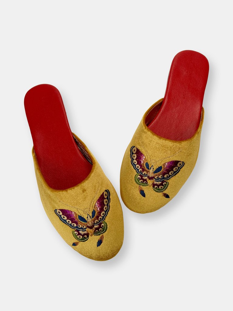 Embroidered butterfly in gold velvet mules slippers - Gold