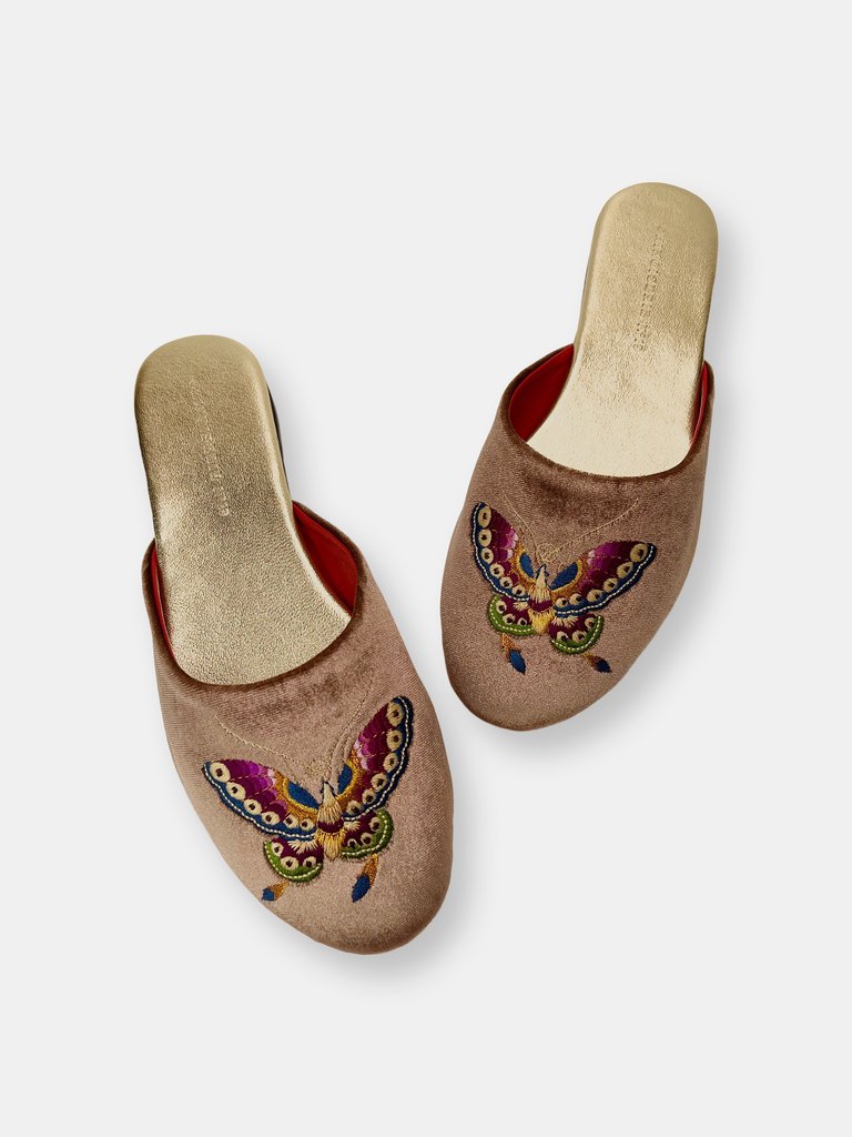 Embroidered Butterfly in Taupe Velvet Mules Slippers - Taupe