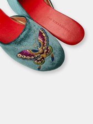 Embroidered Butterfly in Teal Velvet Mules Slippers