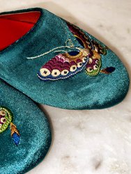 Embroidered Butterfly in Teal Velvet Mules Slippers