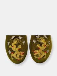 Embroidered Dragon in Olive Velvet Mules Slippers