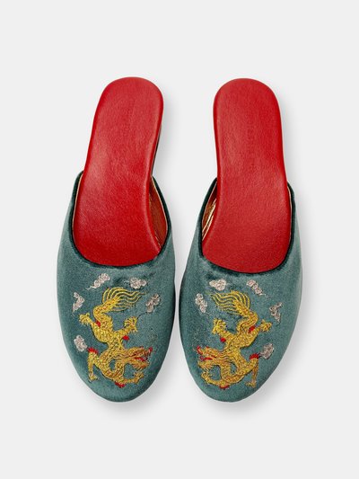 Chinoiserie No. 19 Embroidered Dragon in Teal Velvet Mules Slippers product