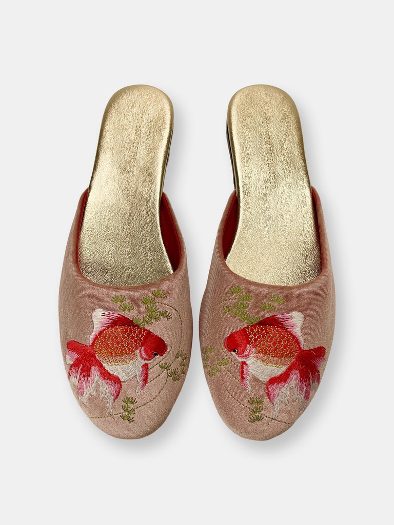 Embroidered Goldfish in Dusty Pink Velvet Mules Slippers