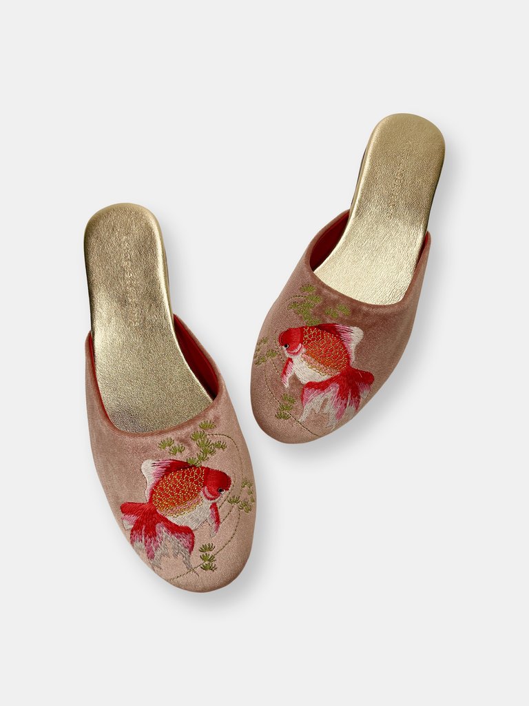 Embroidered Goldfish in Dusty Pink Velvet Mules Slippers - Dusty Pink
