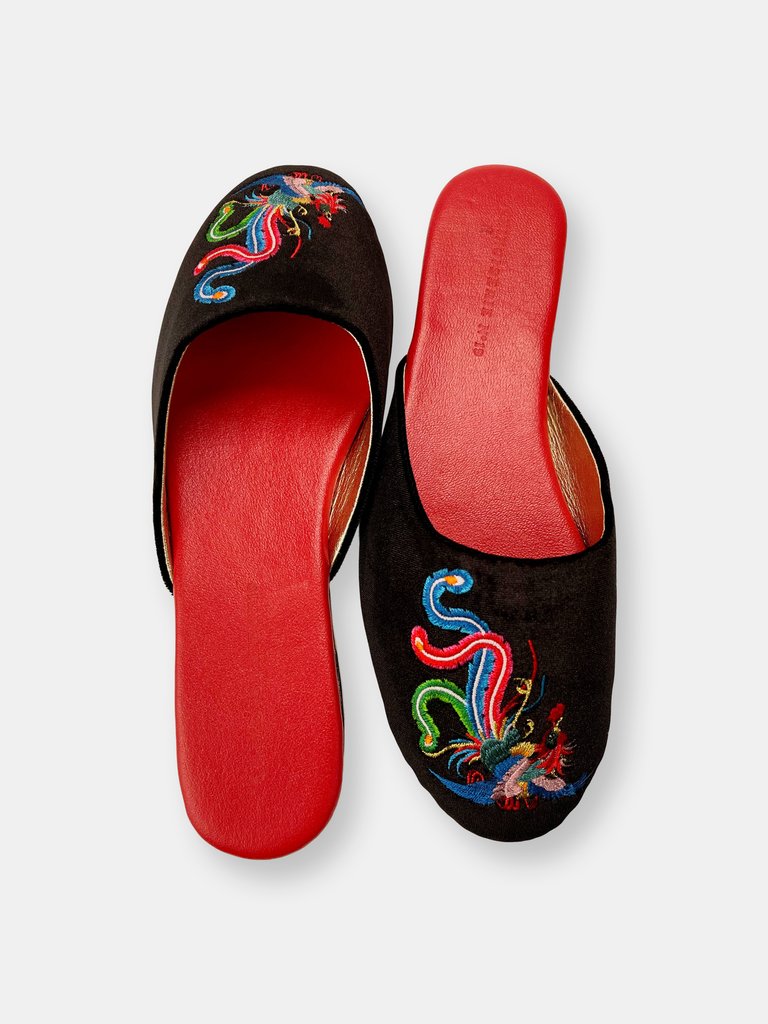 Embroidered Phoenix in Black Velvet Mules Slippers
