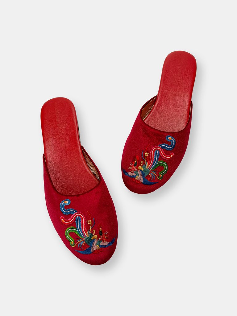 Embroidered Phoenix in Red Wine Velvet Mules Slippers - Red Wine