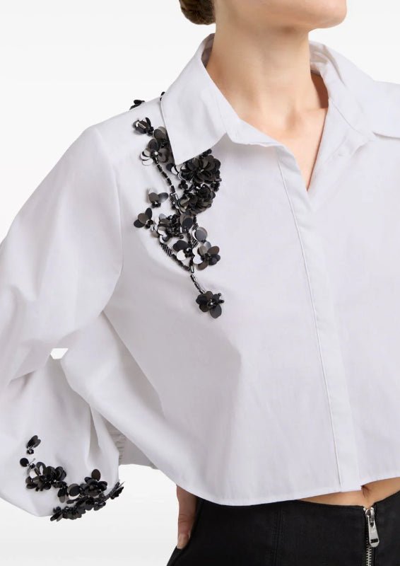 Shop Cinq À Sept Women Evie Crewneck 100% Cotton Long Sleeves Blouse Black/multi