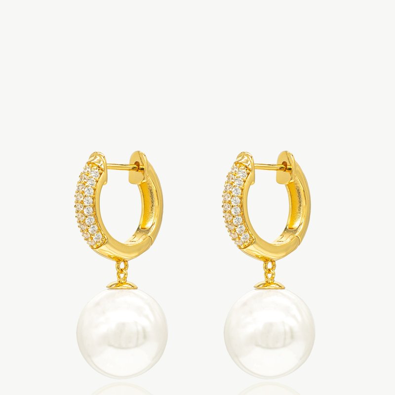 Classicharms Gold Pave Huggie Hoop Solitaire Pearl Drop Earrings