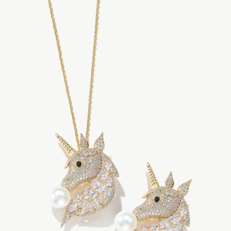 Shop Classicharms Gold Pave Unicorn Brooch And Necklace Set In Yellow