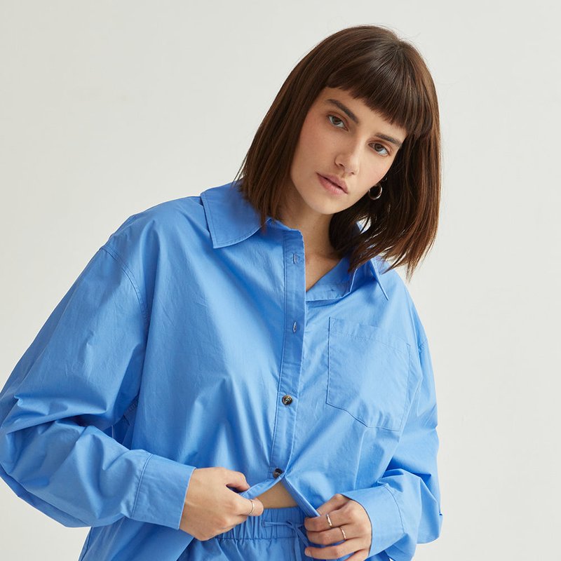Shop Crescent Kaia Cotton Oversized Shirt Set In Blue