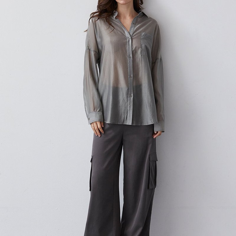 Crescent Lillian Sheer Button Up Shirt In Grey