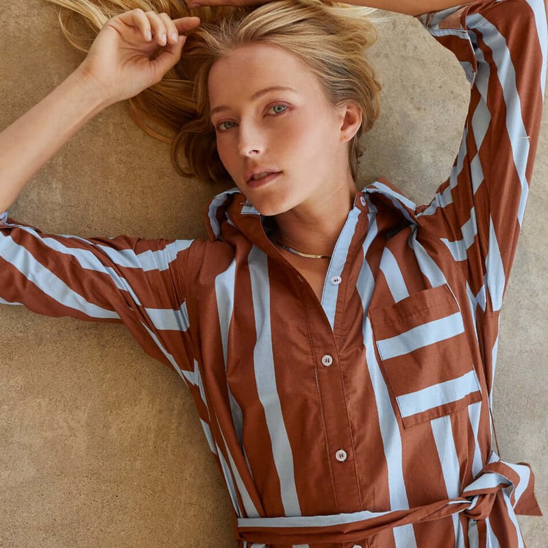 Crescent Long-sleeve Bold Stripe Poplin Shirtdress In Brown