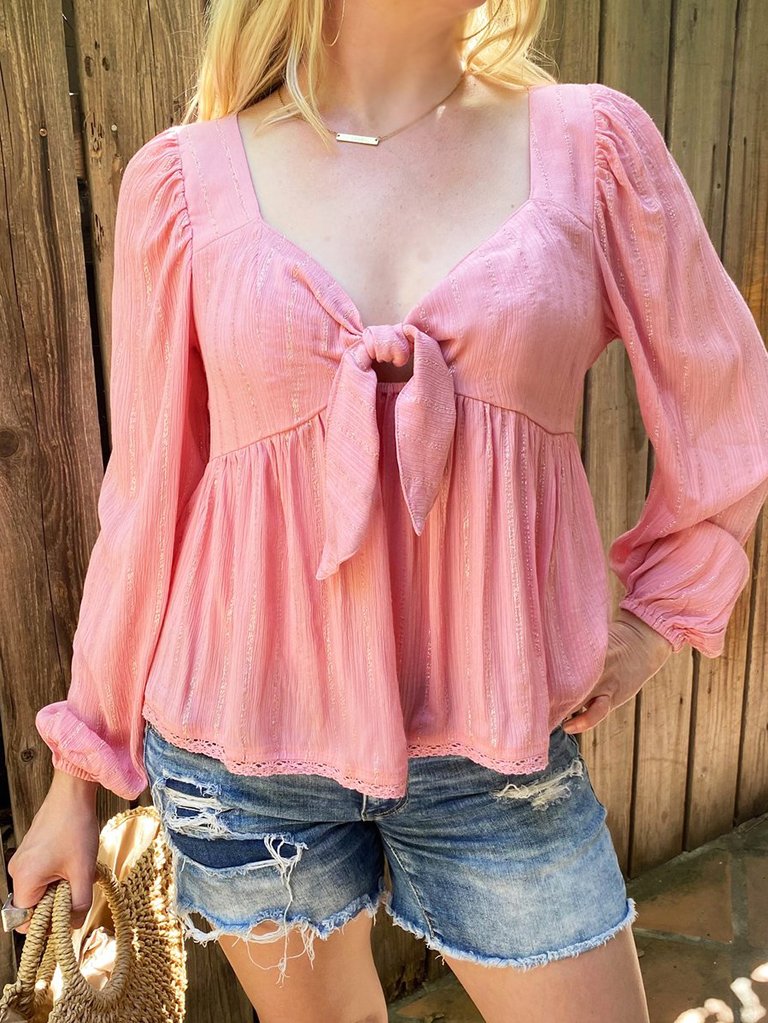 Tie Front Sweetheart Neck Long Sleeve Top | S-3X - Blushing